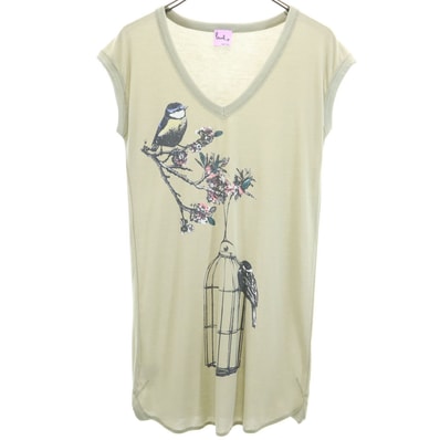Paul+ Paul Smith ポールスミスプラス プリント 半袖 Vネック チュニック M カーキ フレンチ袖 Tシャツ