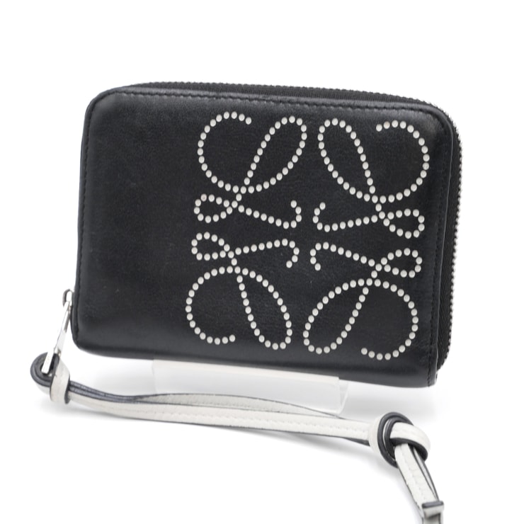 LOEWE(ロエベ)アナグラム ジップアラウンドウォレット 二つ折り財布 ブラック レザー シルバー金具 ストラップ付き レディース【中古】