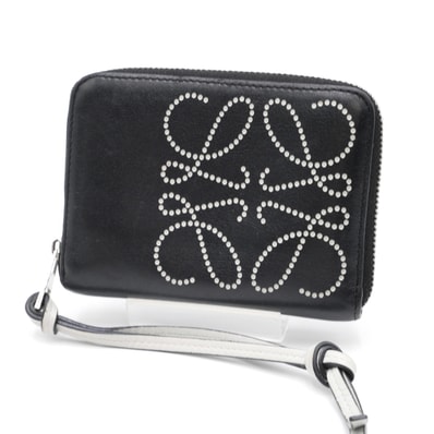 LOEWE(ロエベ)アナグラム ジップアラウンドウォレット 二つ折り財布 ブラック レザー シルバー金具 ストラップ付き レディース【中古】