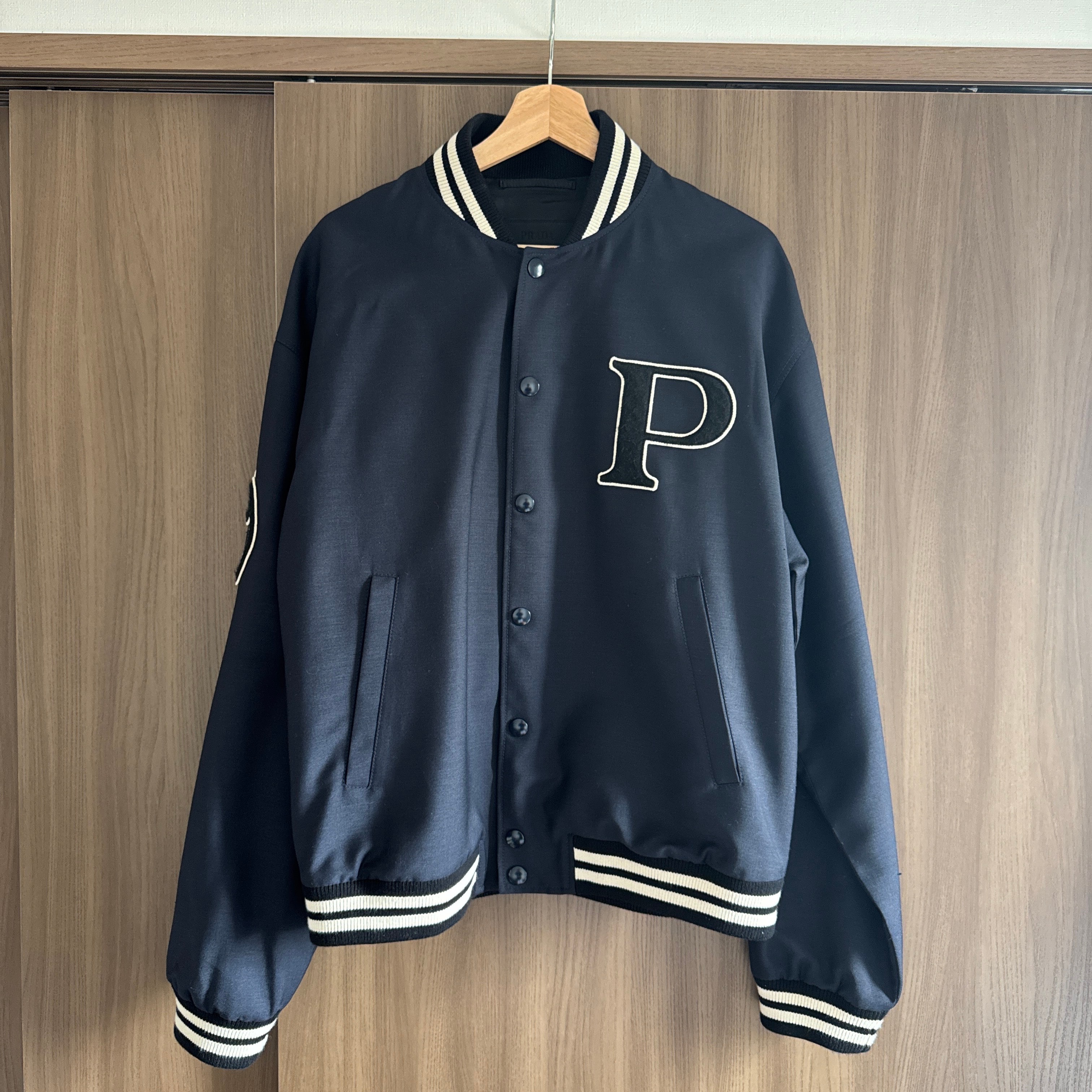 PRADA Men's Mohair Wool Bomber Jacket with Patch "Navy"