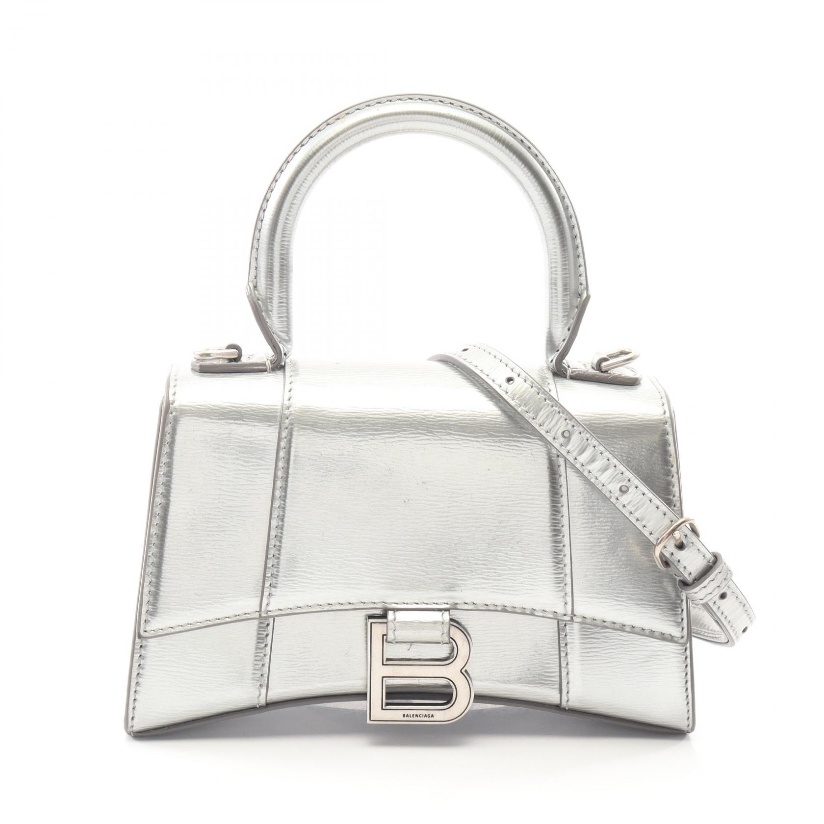 バレンシアガ BALENCIAGA HOURGLASS XS 2WAY ハンドバッグ バッグ レザー レディース シルバー系 592833 【中古】