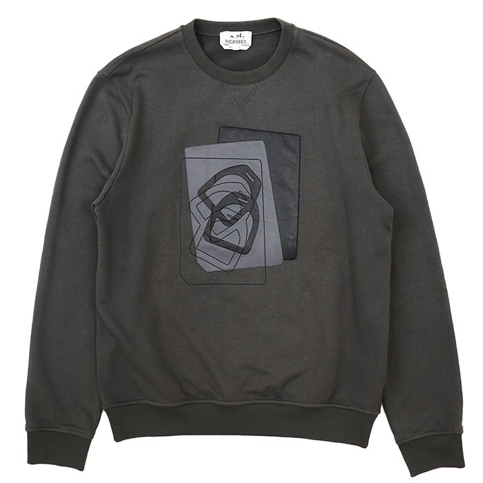 【美品】HERMES エルメス スウェット サイズ M メンズ レザーパッチ ラムスキン クルーネック ロングスリーブ 丸首 長袖 トップス オリーブ イタリア製