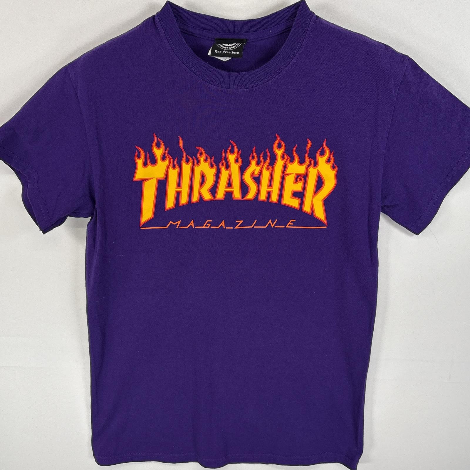 古着 スラッシャー THRASHER 半袖Tシャツ ラバーロゴプリント ファイヤーデザイン スケボー S  パープル メンズ