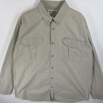 古着 コロンビア Columbia 長袖シャツ ボタンダウンシャツ フラップポケ 厚手 XL ベージュ 無地 メンズ