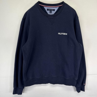 古着 トミーヒルフィガー TOMMY HILFIGER スウェット クルーネック 前V トレーナー ワンポイントロゴ L ネイビー系 メンズ