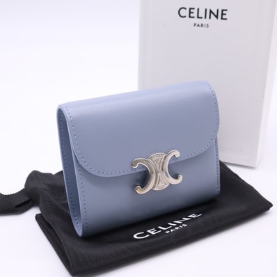 極美品 CELINE セリーヌ カーフスキン スモール フラップウォレット トリオンフ ライトデニム 10D783DPV 三つ折り財布 ブルー カーフレザー メンズ