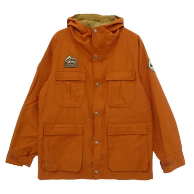 STUSSY ステューシー 00s AUTHENTIC GEAR 60/40 コットンナイロン クロス ロゴパッチ ジップアップ フーデッド マウンテンパーカー ジャケット アウター オレンジ系 L【中古】