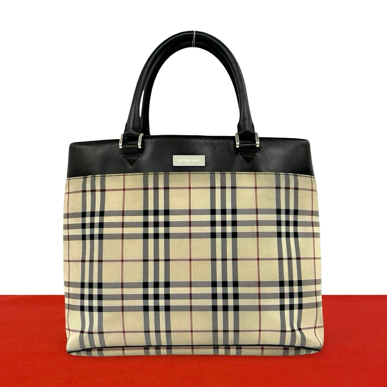 BURBERRY バーバリー ノバチェック 柄 キャンバス レザー ハンドバッグ ベージュ
23300