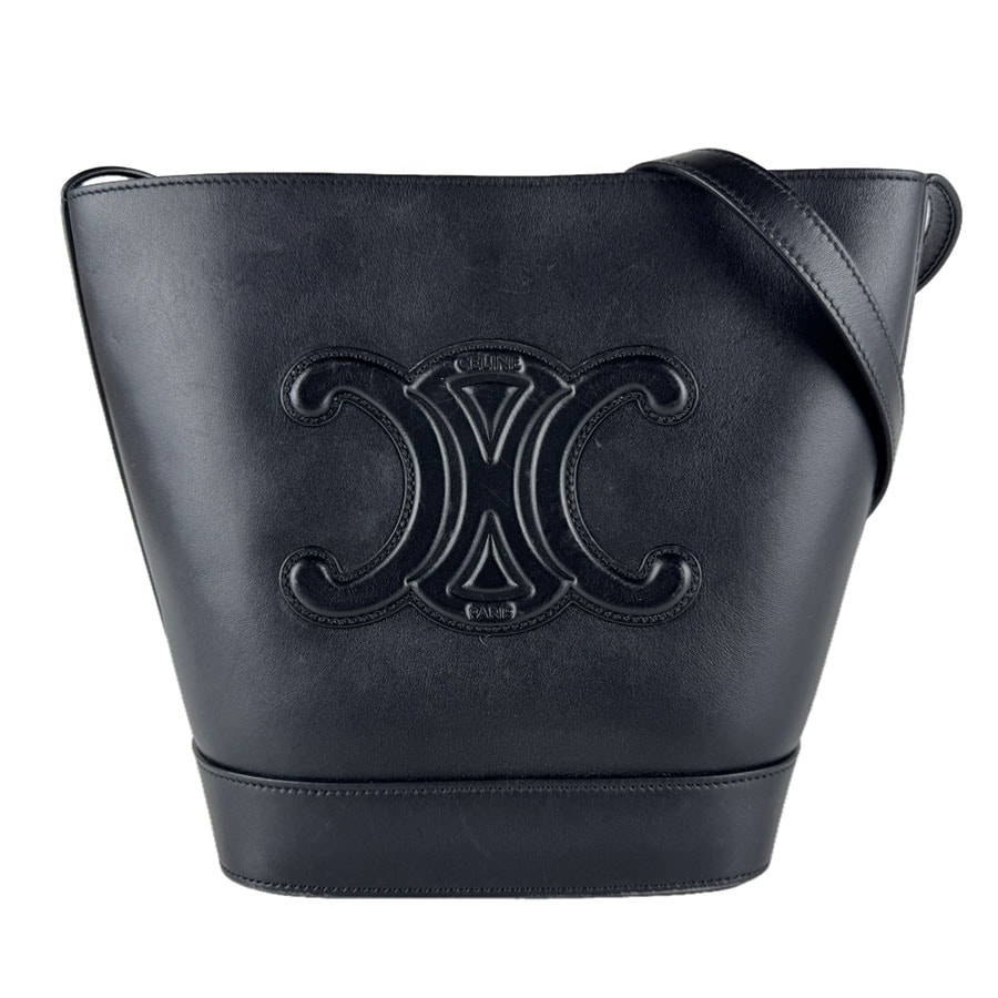 セリーヌ CELINE ショルダーバッグ スモール バスケット キュイル トリオンフ  レザー ブラック ゴールド レディース【中古】 z9267