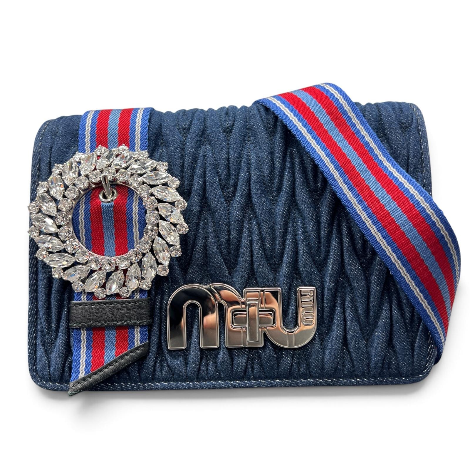 MIUMIU 極美品 ミュウミュウ マテラッセ デニム ビジュー 2way ショルダーバッグ 5NR018 ブルー シルバー クロスボディ ポシェット クラッチバッグ miumiu Aランク 中古 鑑定済 ミュウミュウバッグ