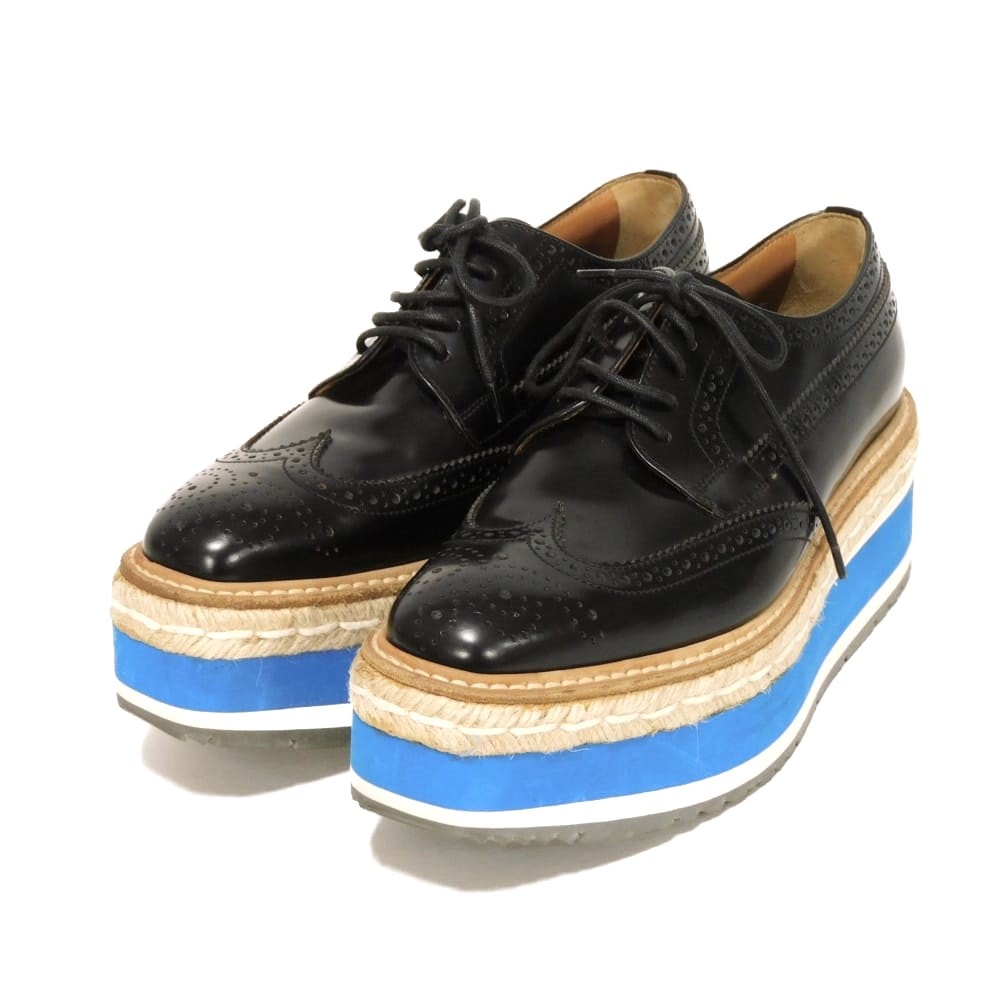 PRADA プラダ メダリオン ウィングチップ 35 1/2 カーフ ジュート ラバー レースアップ 厚底 23.5cm プラットフォーム ブラック ドレスシューズ