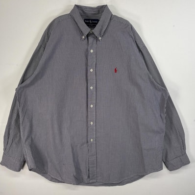 古着 90's/90年代 ラルフローレン RALPH LAUREN 長袖シャツ ロゴ 刺繍 大きいサイズ ボタンダウン 14041 ネイビー系 チェック メンズ
