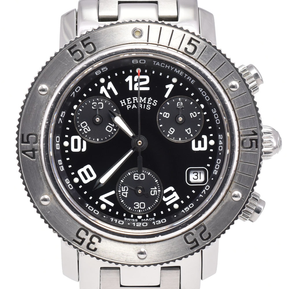 値下 エルメス HERMES CL2.310 クリッパー ダイバー クロノグラフ デイト ブラック クォーツ レディース 腕時計 E#147037