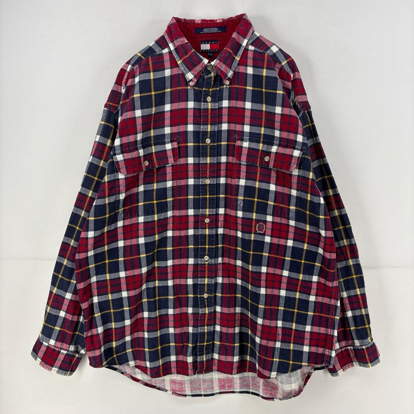 古着 90's/90年代 トミーヒルフィガー TOMMY HILFIGER 長袖シャツ 胸ポケット チェック コーデュロイ XL  レッド系 メンズ