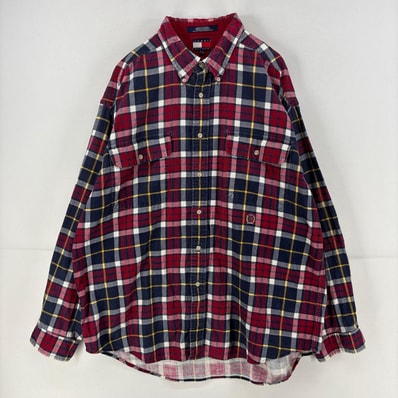 古着 90's/90年代 トミーヒルフィガー TOMMY HILFIGER 長袖シャツ 胸ポケット チェック コーデュロイ XL レッド系 メンズ