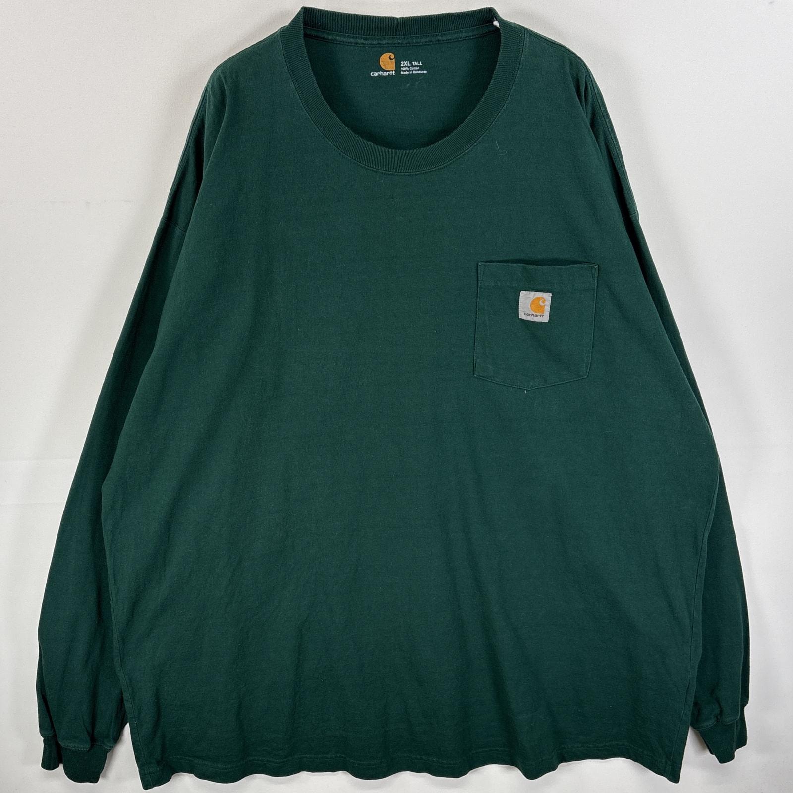 古着 カーハート Carhartt 長袖Tシャツ ワンポインロゴ 肉厚 大きいサイズ 2XL TALL グリーン 無地 メンズ