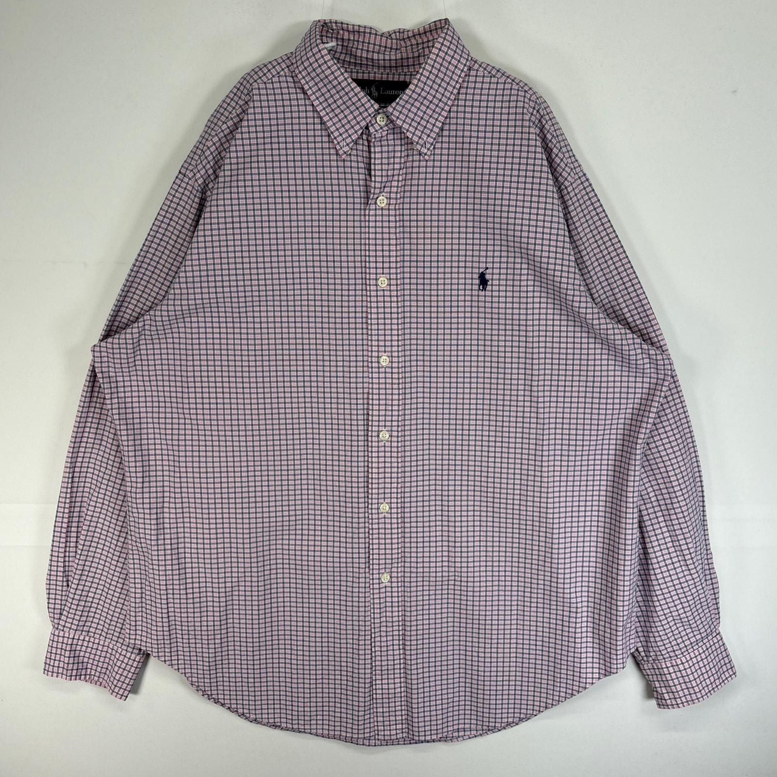古着 ラルフローレン RALPH LAUREN 長袖シャツ ロゴ 刺繍 チェック ボタンダウン XL  ピンク系 マルチカラー メンズ