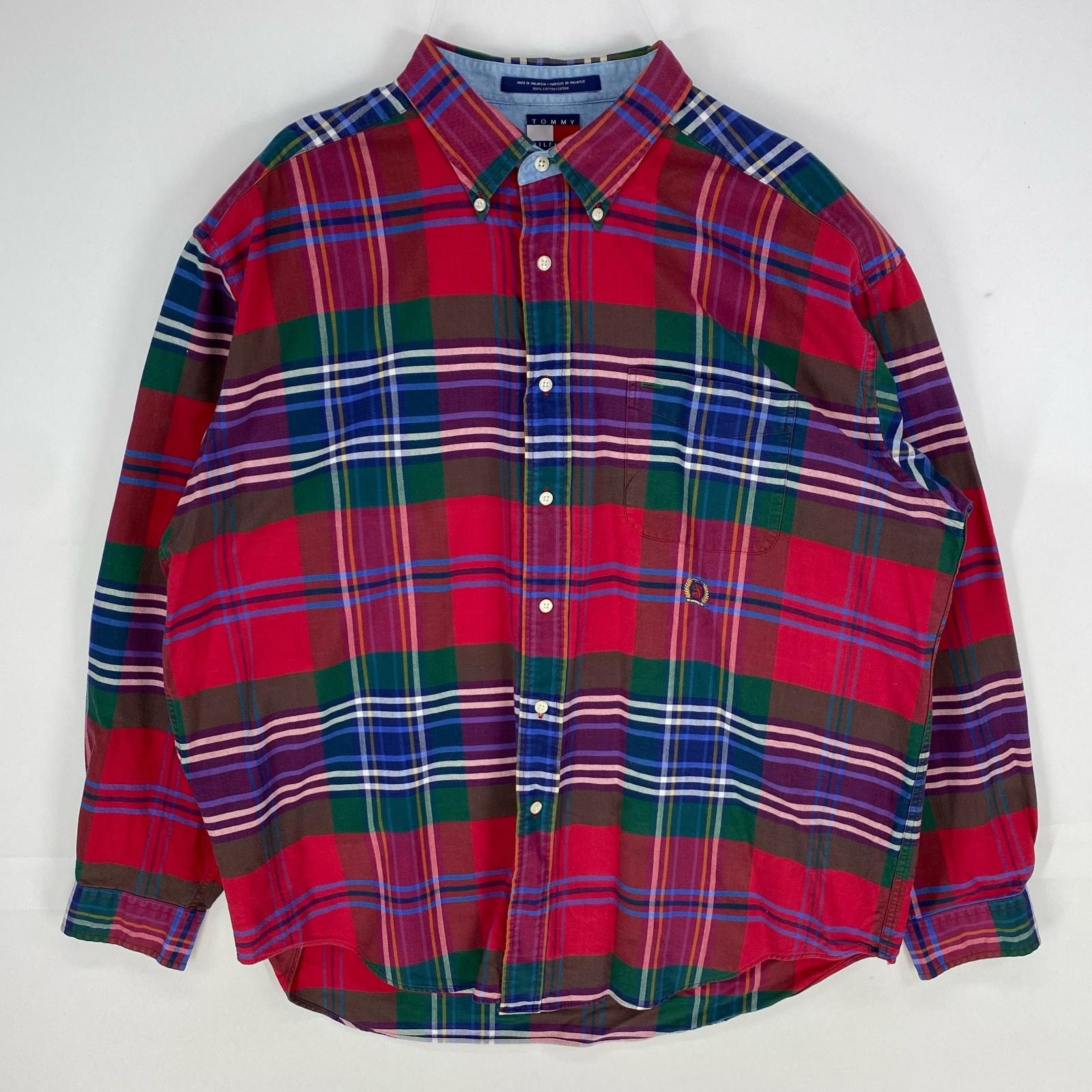 古着 90's/90年代 トミーヒルフィガー TOMMY HILFIGER 長袖シャツ 刺繍ロゴ ワンポイント ボタンダウン XL  レッド系 メンズ