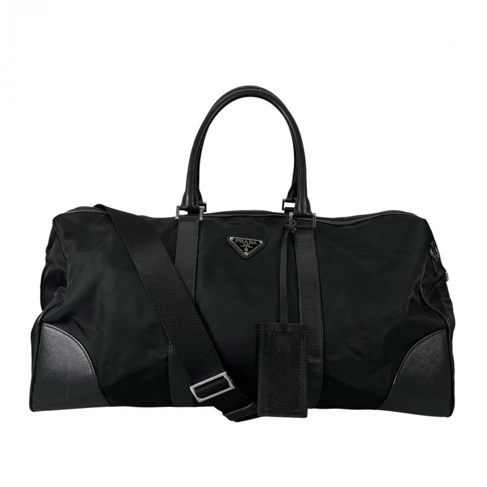 PRADA プラダ ボストンバッグ ダッフルバッグ 2WAY 斜め掛け VS0350 ナイロン  サフィアーノ   ブラック 黒 シルバー金具 メンズ【中古品】