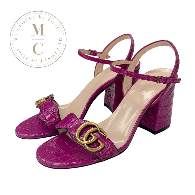 グッチ GUCCI ダブルG サンダル 靴 シューズ レザー パープル ゴールド GGマーモント ストラップ