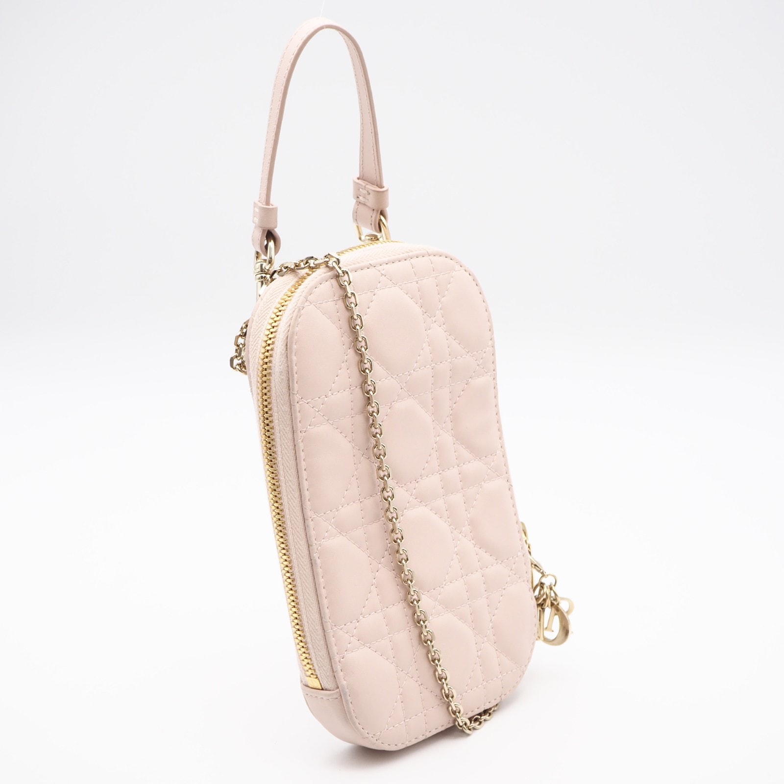 美品 Christian Dior クリスチャンディオール カナージュ ラムスキン Lady Dior Call'in Dior フォンホルダー S0872ONMJ ショルダーバッグ ピンクベージュ ラムスキン レディース