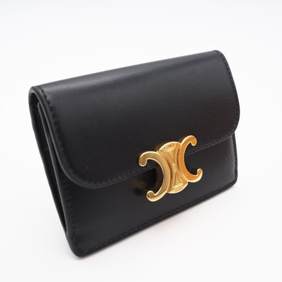 美品 CELINE セリーヌ トリオンフ フラップ付きカードホルダー 10I583DPV カードケース ブラック ゴールド カーフレザー レディース
