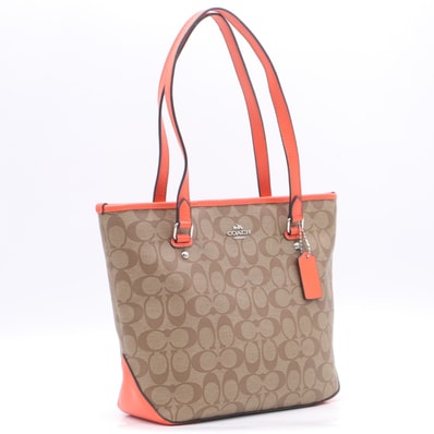 美品 COACH コーチ コーティングキャンバス ラグジュアリー シグネチャー ジップ トップ トート F58294 ハンドバッグ ブラウン ベージュ オレンジ コーティングキャンバス レザー レディース