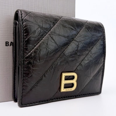 BALENCIAGA Crush Flap Coin and Card Holder Quilted "Black"