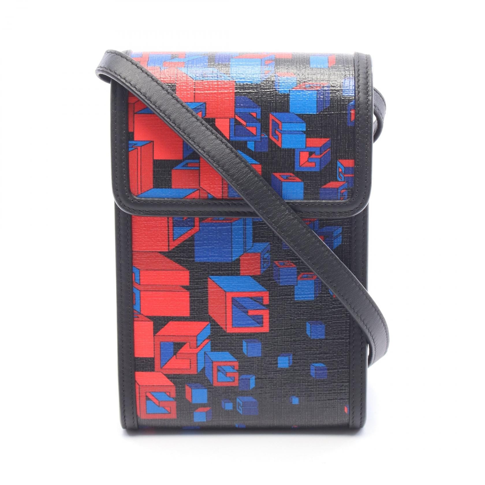 グッチ GUCCI スクエアGスペース フォンホルダー ショルダーバッグ バッグ PVCコーティングキャンバス レザー メンズ ブラック系 / ブルー系 / レッド系 631766 【中古】