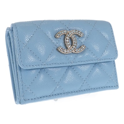 シャネル CHANEL ココマーク スモールフラップウォレット AP3397 三つ折り財布 キャビアスキン ストラスブルー ゴールド金具 レディース【中古】【Aランク】