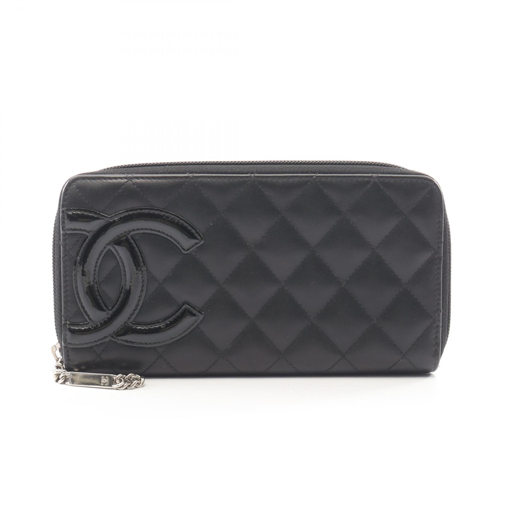 シャネル CHANEL カンボンライン ラウンド長財布 財布 レザー パテントレザー レディース ブラック系 【中古】