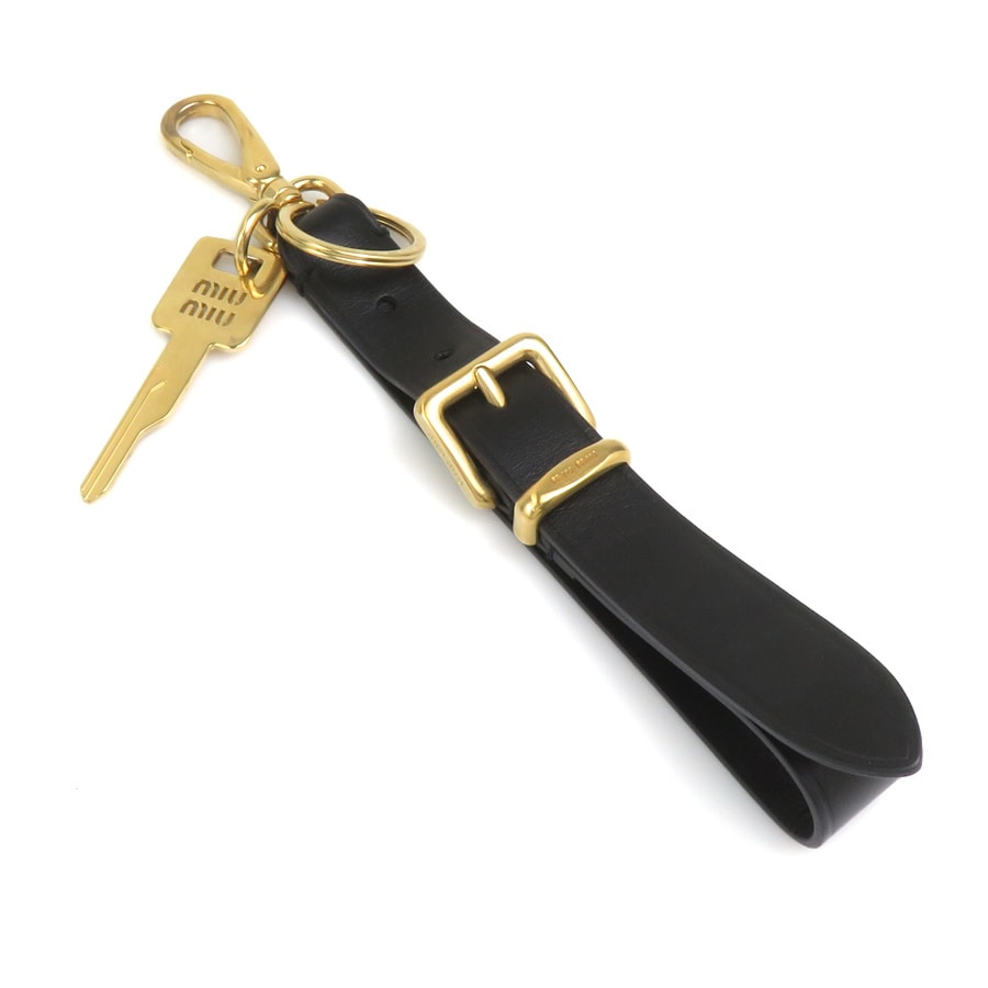 ミュウミュウ MIUMIU チャーム キーリング メタル/レザー ブラック/ゴールド レディース【中古】 56798j