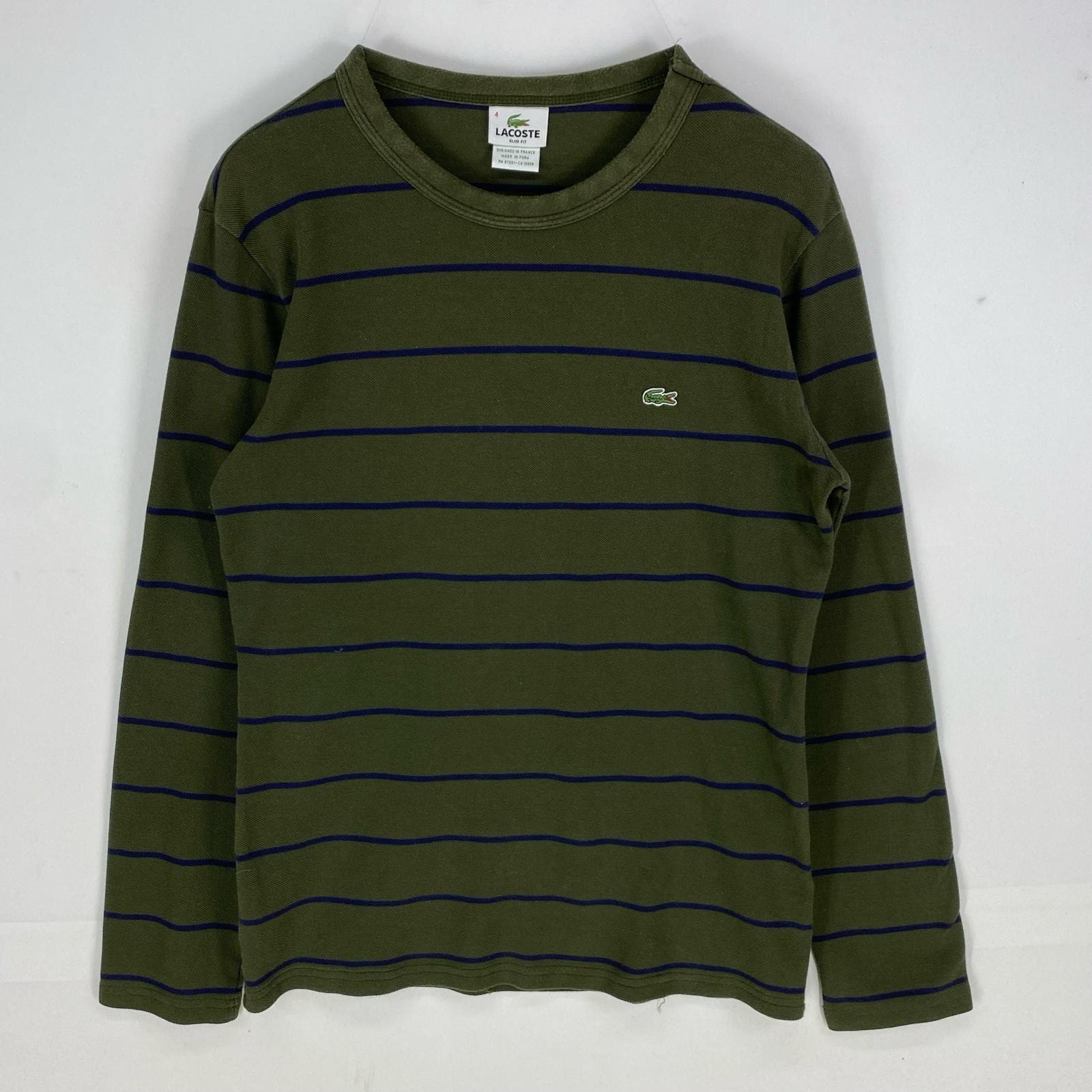 古着 ラコステ LACOSTE 鹿の子 長袖Tシャツ クルーネック ワンポイント ワッペン ロングスリーブ L  グリーン系 ボーダー メンズ