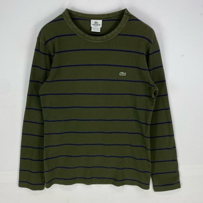 古着 ラコステ LACOSTE 鹿の子 長袖Tシャツ クルーネック ワンポイント ワッペン ロングスリーブ L グリーン系 ボーダー メンズ