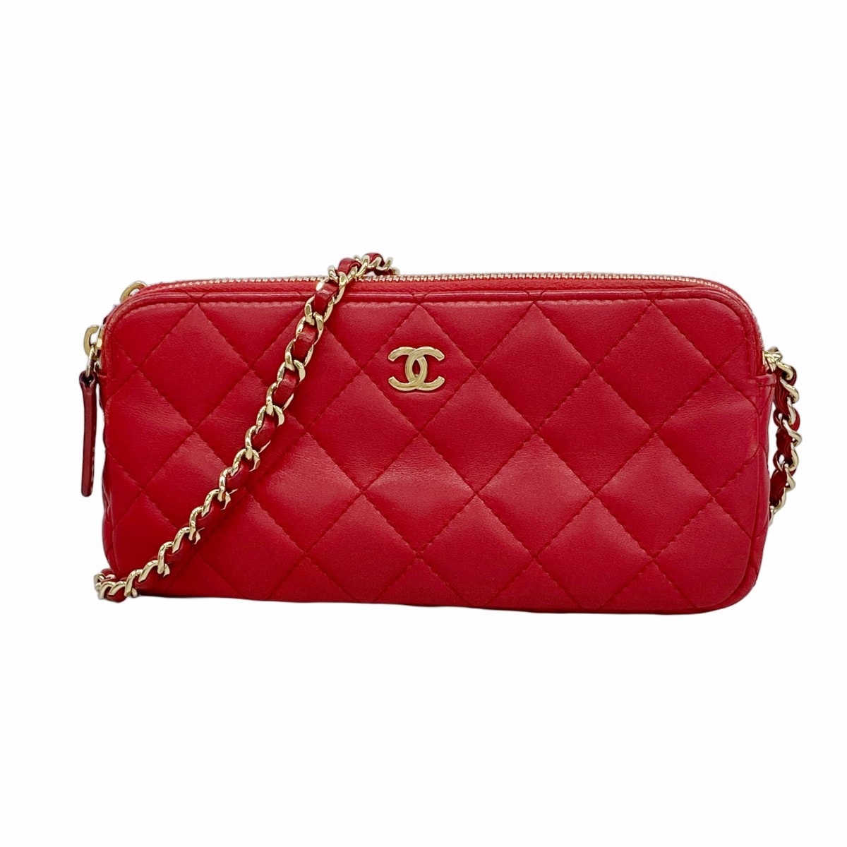 【6fa0214-k】シャネル ショルダーバッグ マトラッセ チェーンショルダー ラムスキン レッド シャンパンゴールド金具【中古】レディース