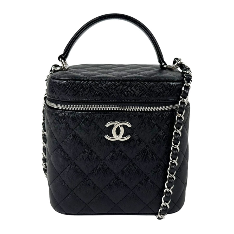 シャネル CHANEL ショルダーバッグ バニティバッグ キャビアスキンレザー ブラック シルバー レディース【中古】 z11229