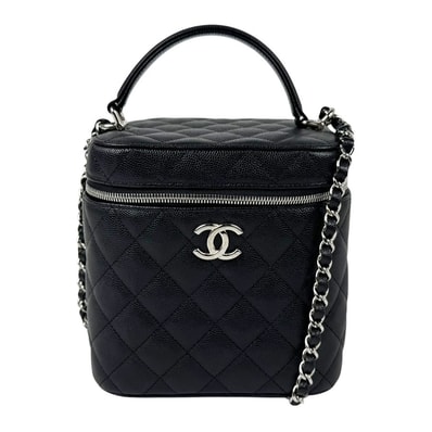 シャネル CHANEL ショルダーバッグ バニティバッグ キャビアスキンレザー ブラック シルバー レディース【中古】 z11229