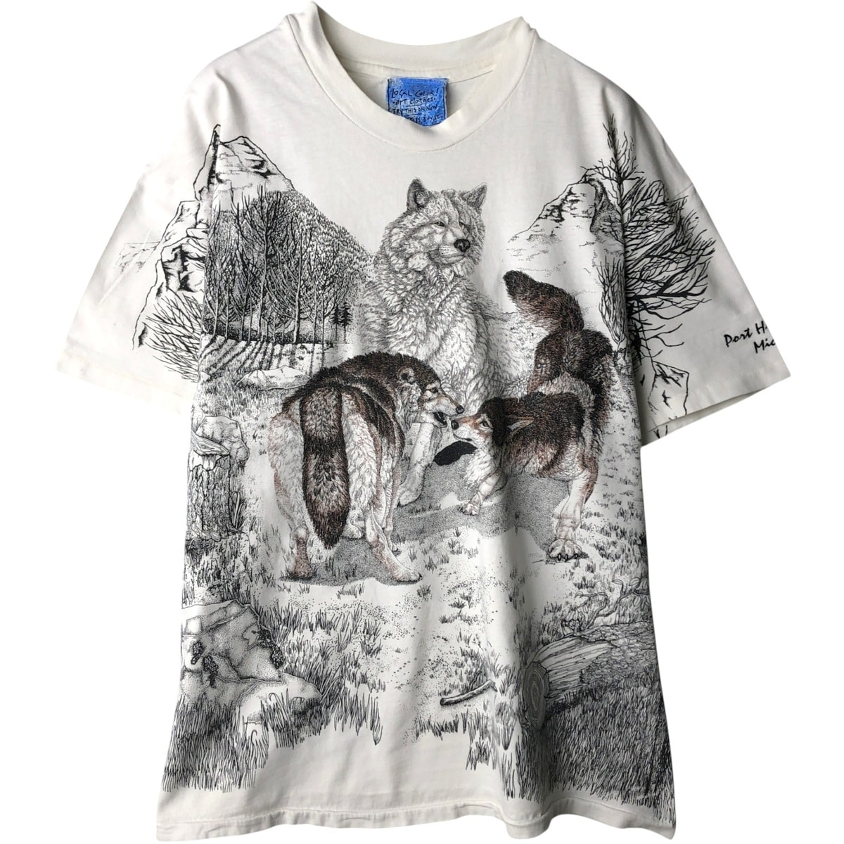 古着 90年代 ヘインズ Hanes BEEFY-T 青タグ オールオーバープリント オオカミ柄 アニマルTシャツ USA製 メンズXL相当 ヴィンテージ/eaa641730