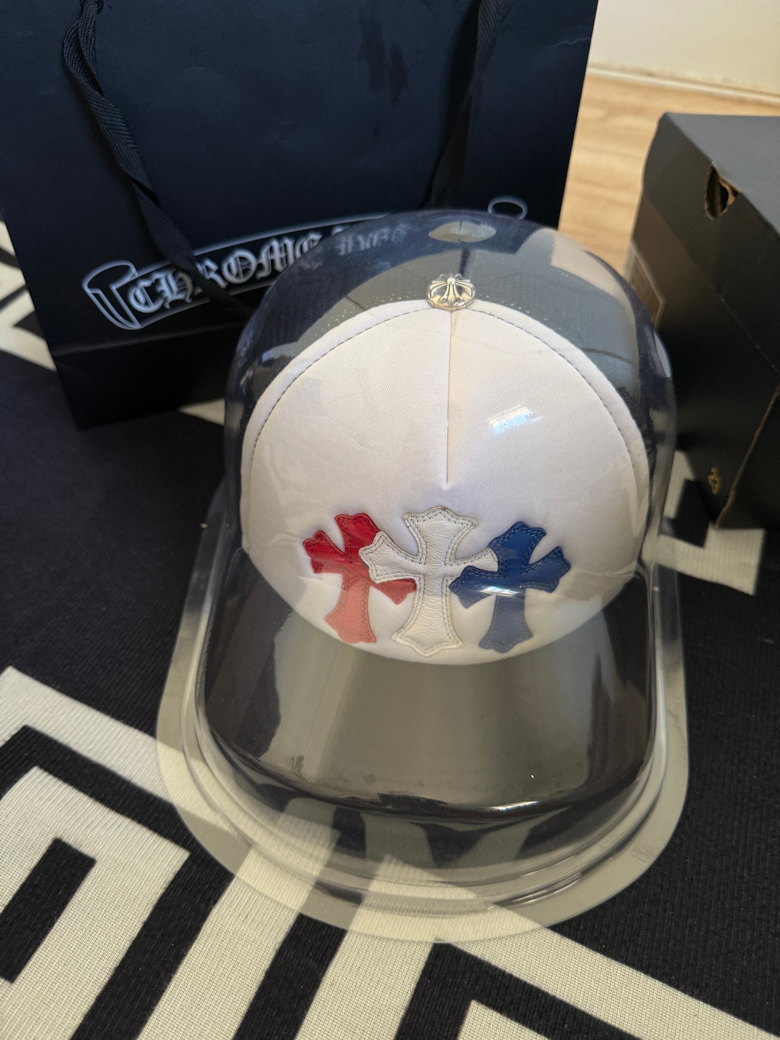 Chrome Hearts 3 Cross Patches Trucker Cap "Black/White/Red/Blue"