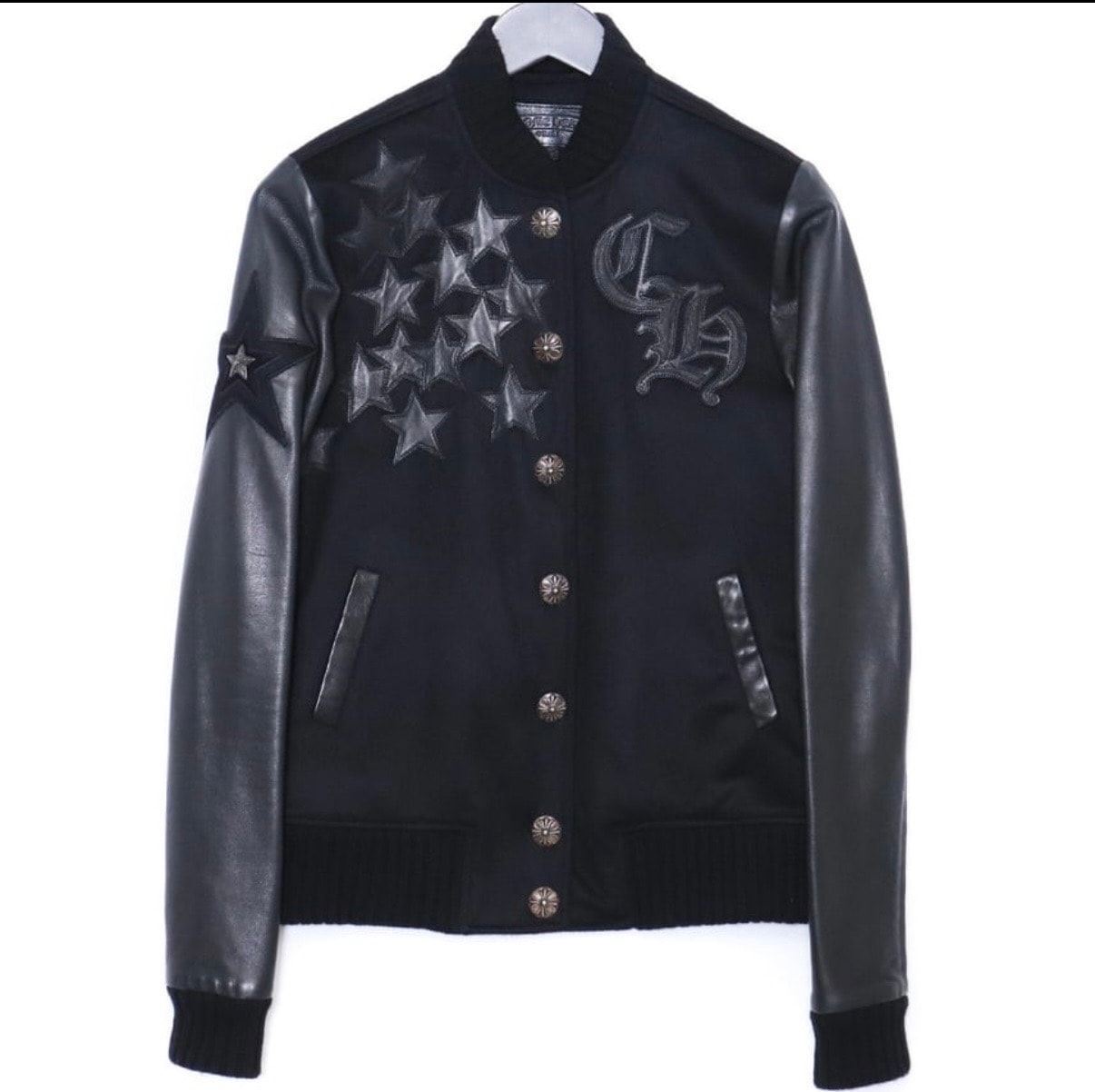 クロムハーツ レターマン スターレザーパッチ レザースリーブ ブルゾン "ブラック"