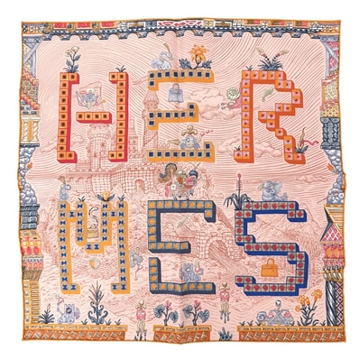 HERMES エルメス スカーフ スーパーシルククエスト ガヴロッシュ カレ45 ファッションアイテム Super Silk Quest シルク ピンク オレンジ レディース 美品【中古品】