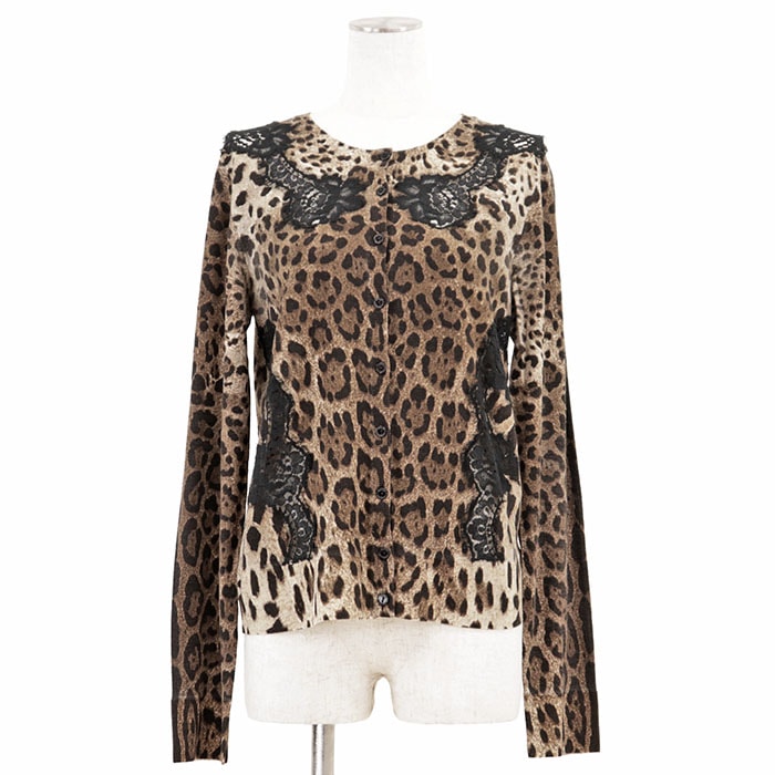SALE【美品】DOLCE&GABBANA ドルチェ・アンド・ガッバーナ ニット カーディガン レオパード 転写プリント ロゴ ボタン レース 花柄 コンビ ウール コットン ハイゲージ クルーネック レディース 44 ブラウン ブラック 黒 茶色 伊製
