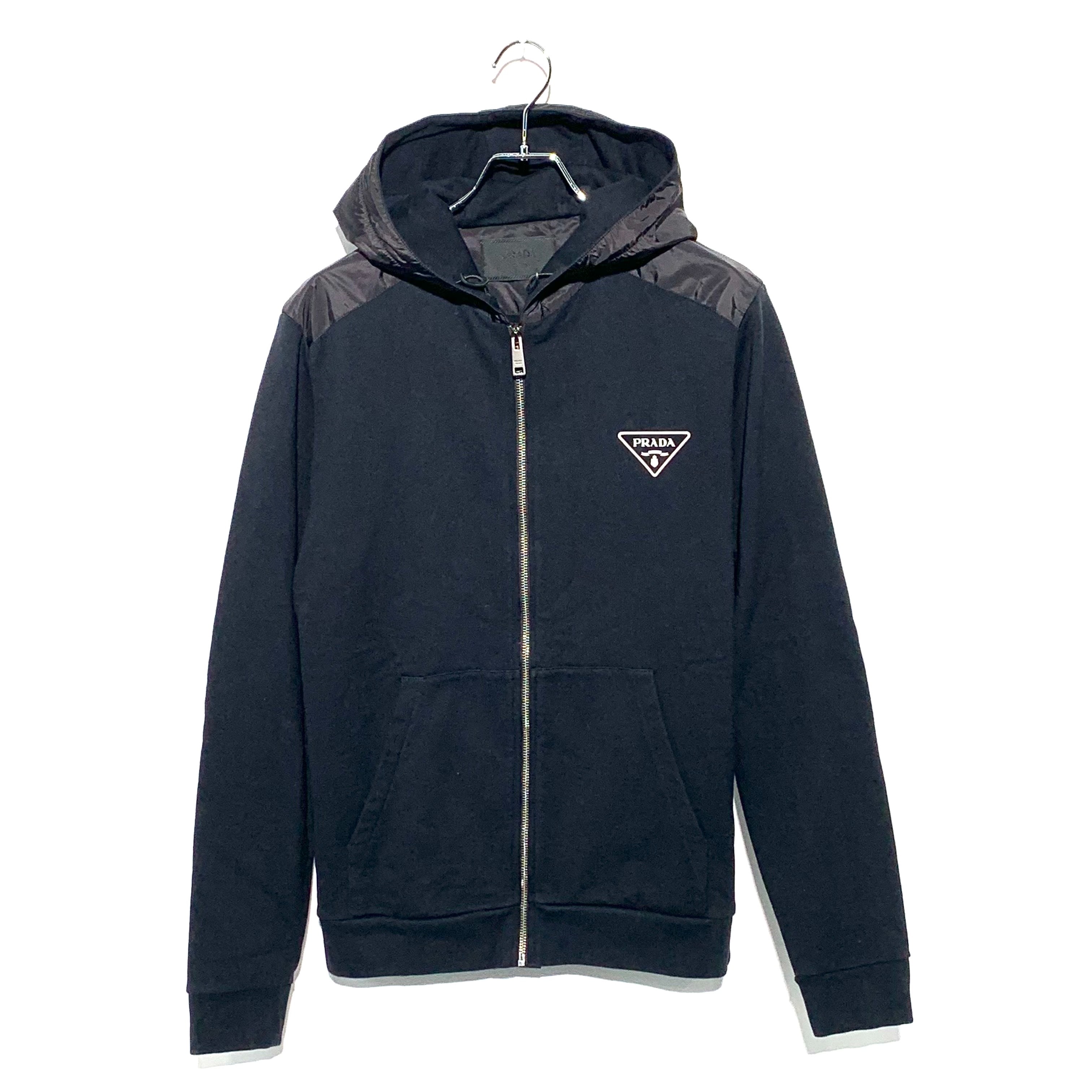 Prada Re-Nylon Logo Zip Up Hoodie Black