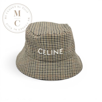 セリーヌ CELINE 帽子 ウール ブラウン系 ロゴ 千鳥格子 バケットハット