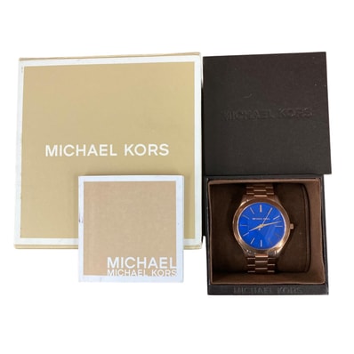 180053 動作未確認 Michael Kors マイケルコース クォーツ腕時計 MK-3494 ブルー/ピンクゴールド アナログ ステンレススチール レディース