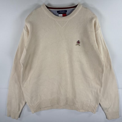 古着 90's/90年代 トミーヒルフィガー TOMMY HILFIGER コットンニットセーター クルーネック ワンポイントロゴ L ベージュ メンズ