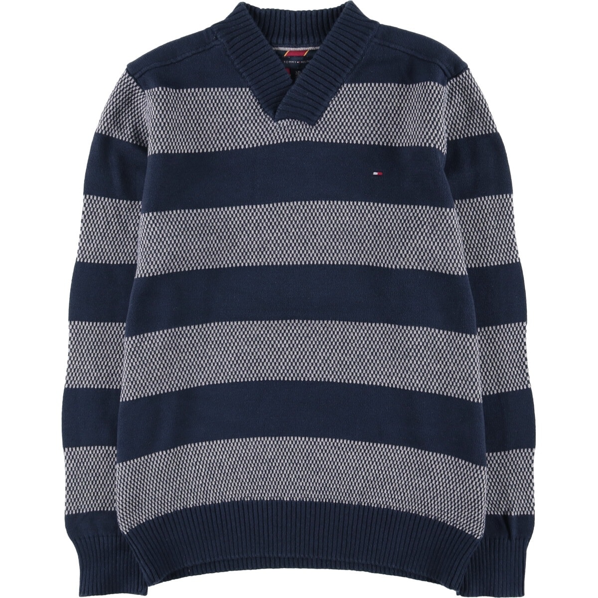 古着 トミーヒルフィガー TOMMY HILFIGER ボーダー柄 Vネック コットンニットセーター メンズL相当/eaa399719