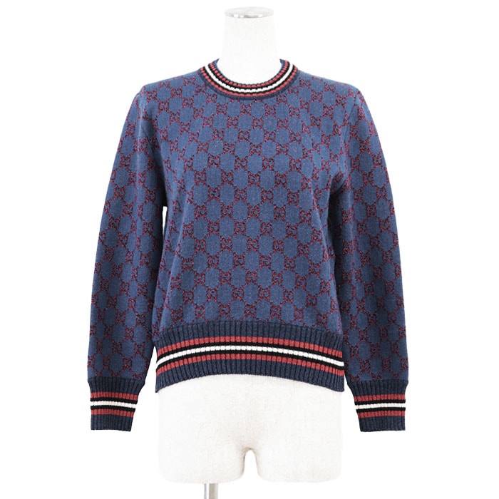 【美品】 グッチ メタリック GG モノグラム シグネチャーロゴ クルーネック ウール/カシミヤ ニット レディース ブルー レッド L GUCCI