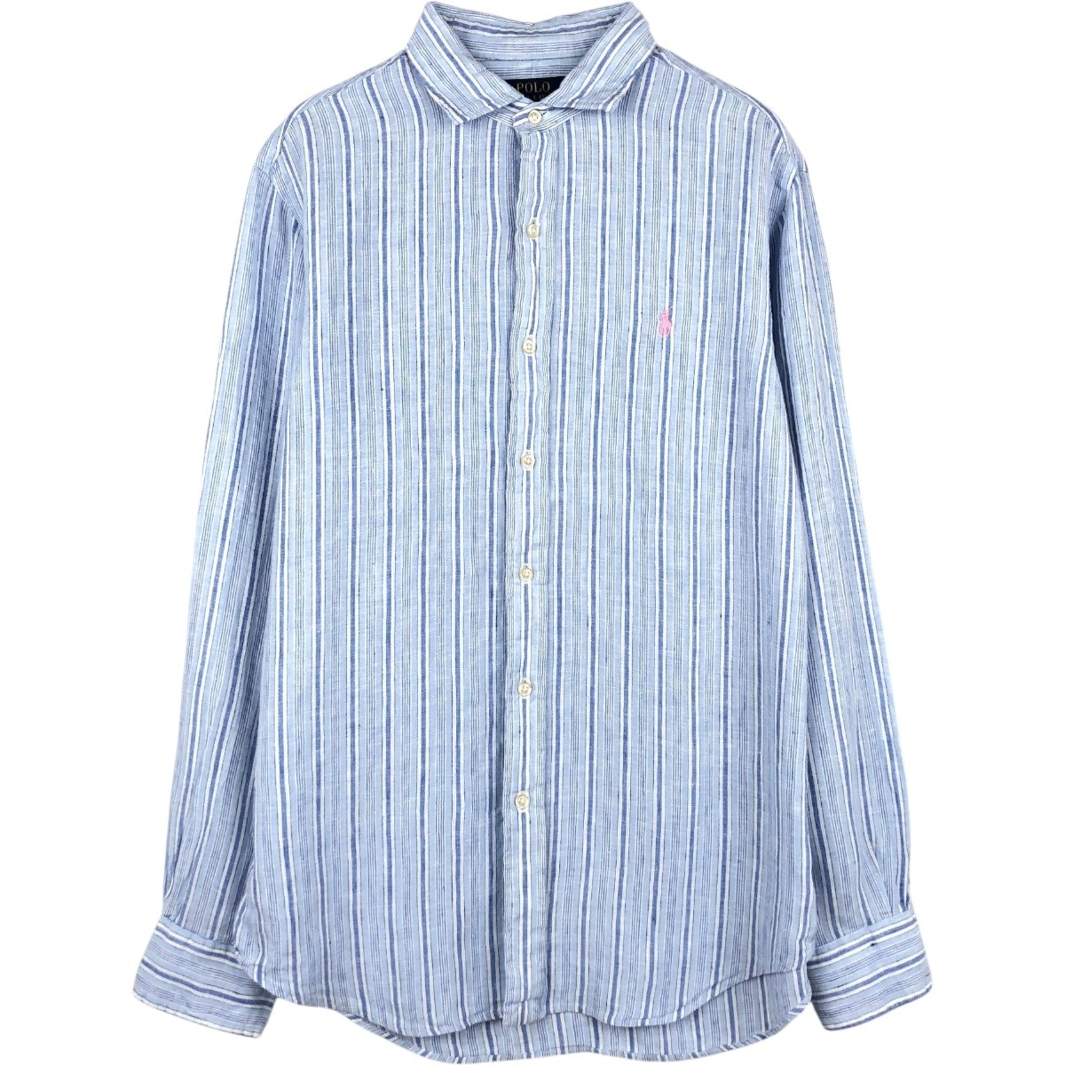 古着 ラルフローレン Ralph Lauren CLASSIC FIT クラシックフィット ストライプ柄 長袖 リネン ボタンダウンシャツ メンズM相当/eaa676657