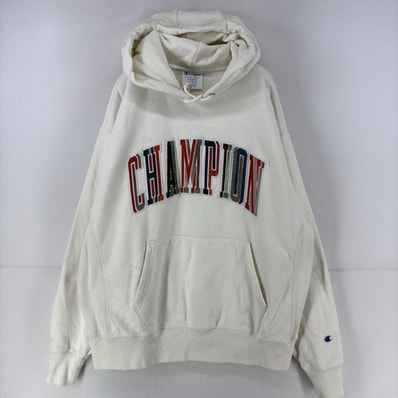 古着 チャンピオン Champion パーカー スウェット 刺繍 ワッペン リバースウィーブ プルオーバー ロゴ XL オフホワイト メンズ